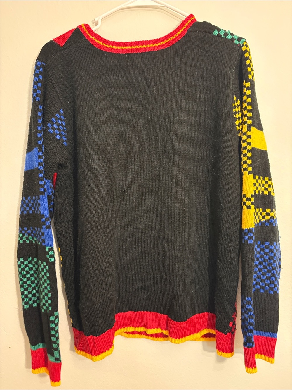 Ugly Christmas Dino Patch Multicolor Checker Sweater - Picture 11 of 11